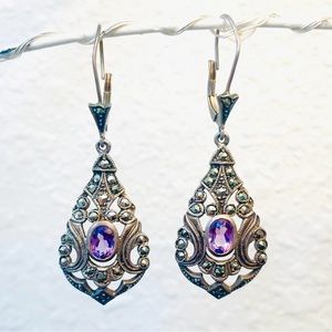 Vintage Sterling Silver Amethyst and Marcasite Drop Earrings
